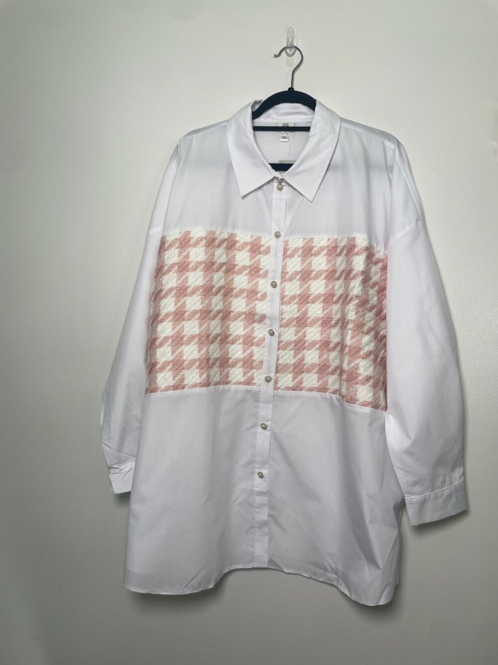 River Island Oversized White Pink Houndstooth Panel Button Up Shirt UK 22 NWT